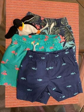 💦Pack of 3 TODDLER BOY Swim Trunks - Navy Sharks, Teal Flamingos, Tropical Print
